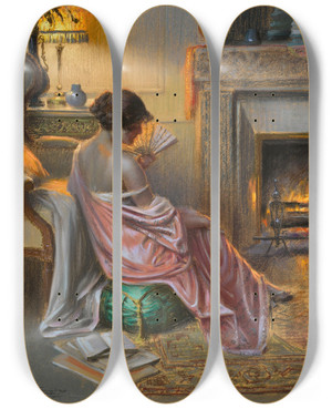 Triptych art skateboard deck of Delphin Enjolras Femme Lventail by Delphin Enjolras (1857-1945)