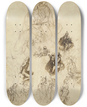 Triptych art skateboard deck of Jacopo Palma Il Giovane Studies Of The Virgin And Child With Saints by Jacopo Palma Il Giovane (1548-1628)