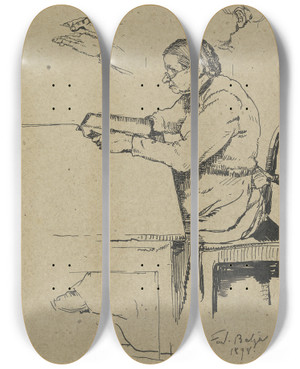 Triptych art skateboard deck of Ferdinand Balzer Sitzende Ltere Schfersfrau Lesend by Ferdinand Balzer (1872-1916)