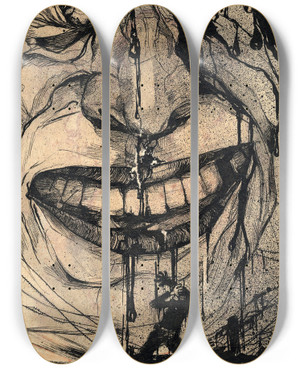 Triptych art skateboard deck of Krlis Padegs Red Laughter by Karlis Padegs (1911-1940)