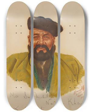 Triptych art skateboard deck of Alexandre Jacovleff Sir Mohamed Nazim Khan Mir De Hounza Baltit by Alexandre Jacovleff (1887-1938)