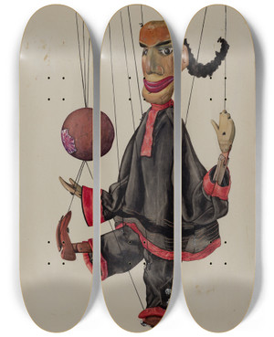 Triptych art skateboard deck of Elmer Weise Juggling Marionette by Elmer Weise