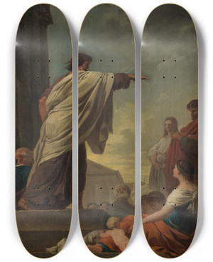 Triptych art skateboard deck of Joseph Benot Suve The Predication Of Saint Paul by Joseph Benoit Suvee (1743-1807)