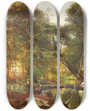 Triptych art skateboard deck of Carl Frederik Aagaard Lb I Skoven Solnedgang by Carl Frederik Aagaard (1833-1895)