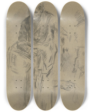 Triptych art skateboard deck of Anton Burger Farm Woman With Basket Over Her Arm by Anton Burger (1824-1905)