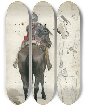 Triptych art skateboard deck of Nicolaas Van Der Waay Krijgsman Te Paard Op De Rug Gezien by Nicolaas van der Waay (1855-1936)