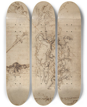 Triptych art skateboard deck of Salvator Rosa Study For A Judgment Of Paris And Other Figure Studies by Salvator Rosa (1615-1673)