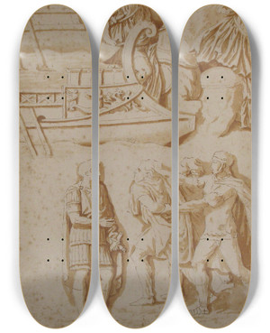 Triptych art skateboard deck of Nicolas Poussin Studies Of Details From Trajans Column by Nicolas Poussin (1594-1665)
