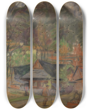 Triptych art skateboard deck of Arnold Peter Weiszkubnan In A Village by Arnold Peter Weisz-Kubnan (1898-1944)