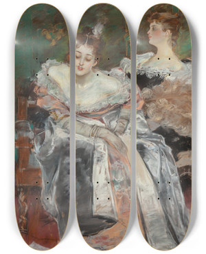 Triptych art skateboard deck of Albert Beck Wenzell An Indiscretion by Albert Beck Wenzell (1864-1917)