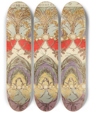Triptych art skateboard deck of Nakayasu Shinzabur Shin Zuan Pl 6 by Nakayasu Shinzaburo (1892)