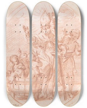 Triptych art skateboard deck of Giovanni Agostino Ratti Saint Nicholas Of Bari Resuscitating Three Children Discovered In A Tub Of Brine by Giovanni Agostino Ratti (1699-1755)