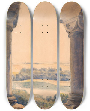 Triptych art skateboard deck of Poul Simon Christiansen Udsigt Fra Viborg Domkirkes Sndre Trn by Poul Simon Christiansen (1855-1933)