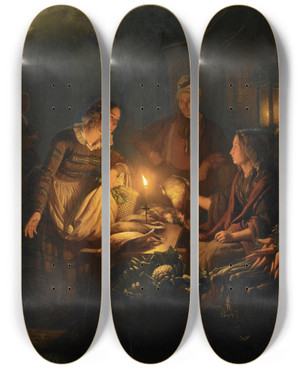 Triptych art skateboard deck of Petrus Van Schendel Moonlit Market In The Hague by Petrus Van Schendel (1806-1870)