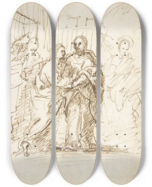 Triptych art skateboard deck of Pedro Duque Y Cornejo Visitation by Pedro Duque Y Cornejo (1677-1757)