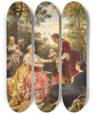 Triptych art skateboard deck of Karl Von Blaas Empress Maria Theresa Taking Care Of The Infant Of A Poor Woman In The Garden Of Schnbrunn Palace by Karl Von Blaas (1815-1894)