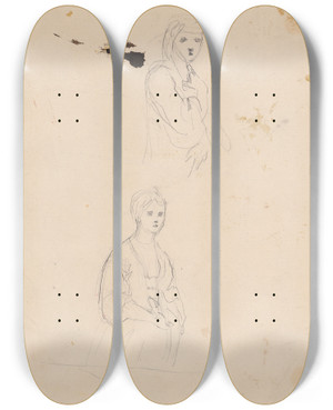 Triptych art skateboard deck of Sir Joshua Reynolds Two Sketches Of Woman_1 by Sir Joshua Reynolds (1723-1792)
