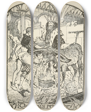 Triptych art skateboard deck of Henry Justice Ford The Kings Pet Donkey by Henry Justice Ford (1860-1941)