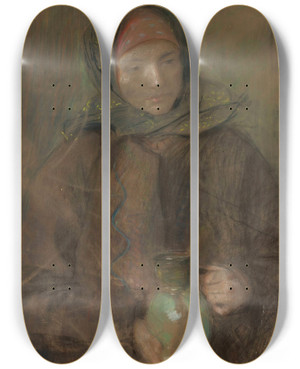 Triptych art skateboard deck of Teodor Axentowicz Hutsul Woman With A Jar by Teodor Axentowicz (1859-1938)