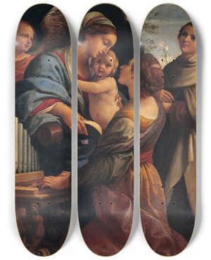 Triptych art skateboard deck of Lorenzo Garbieri Madonna With The Child Saint Cecily And Saint Albert by Lorenzo Garbieri (1580-1654)