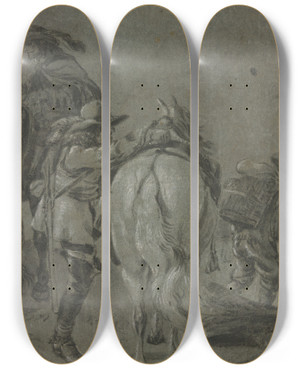 Triptych art skateboard deck of Pieter Van Laer Aufsteigender Reiter Eine Flinte Auf Dem Rcken Dabei Ein Anderer Reiter Und Ein Mann Der Einen Korb Auf Dem Rcken Trgt by Pieter Van Laer (1592-1642)