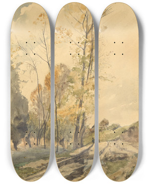 Triptych art skateboard deck of Henrijoseph Harpignies Landscape At Famars by Henri Joseph Harpignies (1819-1916)