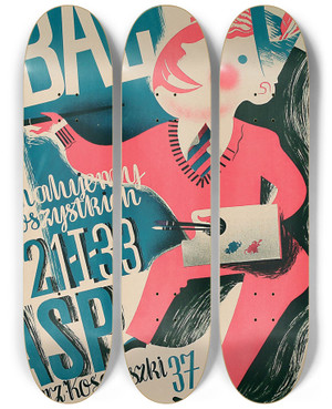 Triptych art skateboard deck of Antoni Wajwd Bal Asp Malujemy Wszystkich 21 I 33 Wybrz Kociuszki 37 by Antoni Wajwod (1905-1944)