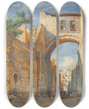 Triptych art skateboard deck of Carl Friedrich Heinrich Werner Street Scene In Jerusalem by Carl Friedrich Heinrich Werner (1808-1894)