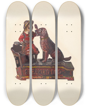 Triptych art skateboard deck of American 20Th Century Toy Bank Speaking Dog And Figure by American 20Th Century
