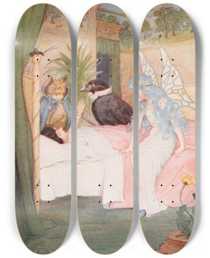 Triptych art skateboard deck of Maria Louise Kirk The Crow Advancing First Felt Pinocchios Pulse by Maria Louise Kirk (1860-1938)