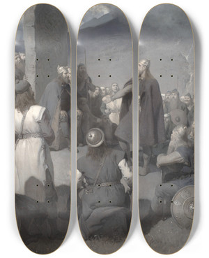 Triptych art skateboard deck of August Malmstrm Frithiofs Courtship by August Malmstrom (1829-1901)