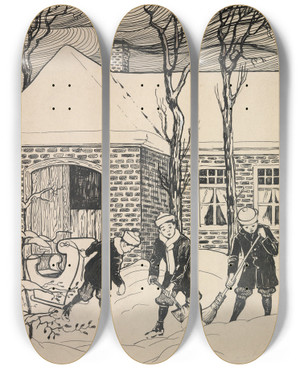 Triptych art skateboard deck of Gust Van De Wall Pern Drie Jongens In De Sneeuw by Gust van de Wall Pern (1877-1911)