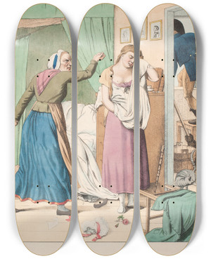 Triptych art skateboard deck of Gerhard Ludvig Lahde En Falden Piges Biografi Nr 1 by Gerhard Ludvig Lahde (1765-1833)