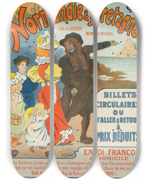 Triptych art skateboard deck of Georges Meunier Excursions En Normandie Et Bretagne by Georges Meunier (1869-1942)