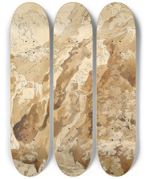 Triptych art skateboard deck of Johann Georg Von Dillis Reclining Man In A Mountainous Landscape With Waterfalls by Johann Georg Von Dillis (1759-1841)
