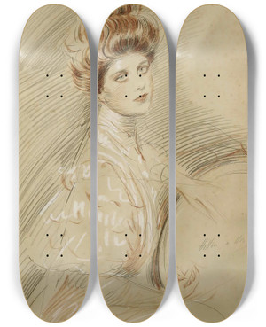 Triptych art skateboard deck of Paul Csar Helleu Portrait De Femme by Paul Cesar Helleu (1859-1927)
