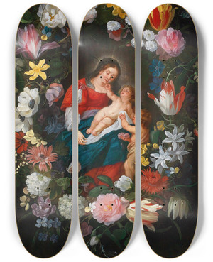 Triptych art skateboard deck of Jan Brueghel The Younger The Virgin And Child With The Infant Saint John The Baptist Surrounded By A Garland Of Flowers by Jan Brueghel the Younger (1601-1678)
