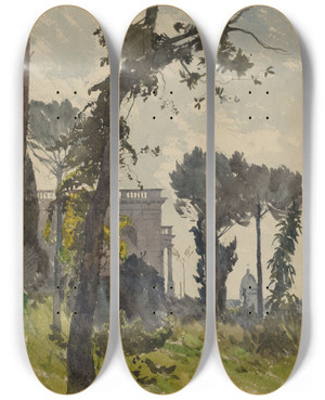Triptych art skateboard deck of Henrijoseph Harpignies View Of The Dome Of Saint Petersrome by Henri Joseph Harpignies (1819-1916)