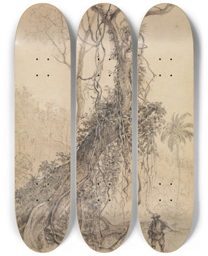 Triptych art skateboard deck of Ferdinand Keller Jger Im Urwald by Ferdinand Keller (1842-1922)