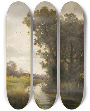 Triptych art skateboard deck of Ludvk Bartk Trees By The Water by Ludvik Bartak (1857-1921)