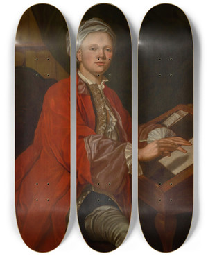 Triptych art skateboard deck of Cosmo Alexander Portrait Of A Young Man At His Writing Desk by Cosmo Alexander (1724-1772)