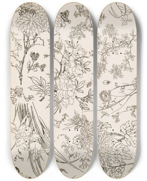 Triptych art skateboard deck of Flix Bracquemond Fleurs_1 by Felix Bracquemond (1833-1914)