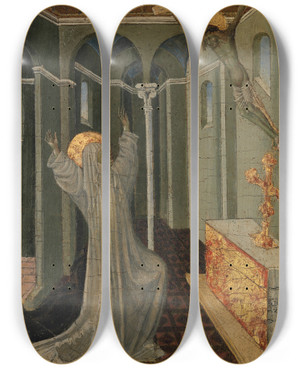 Triptych art skateboard deck of Giovanni Di Paolo Saint Catherine Of Siena Receiving The Stigmata by Giovanni Paolo Spadino (1403-1482)