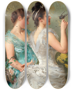 Triptych art skateboard deck of Vittorio Matteo Corcos A Feathered Friend by Vittorio Matteo Corcos (1859-1933)