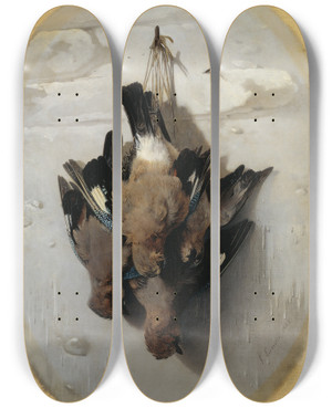 Triptych art skateboard deck of Theodor Lundh Still Life With Birds by Theodor Lundh (1812-1896)