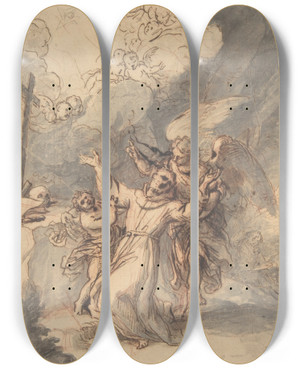 Triptych art skateboard deck of Antonio De Pereda St Francis Receiving The Stigmata by Antonio de Pereda (1611-1678)