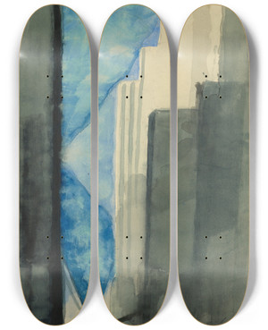 Triptych art skateboard deck of Joseph Stella Skyscrapers by Joseph Stella (1877-1946)