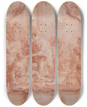 Triptych art skateboard deck of Johann Lorenz Haid Saint Peter Healing The Lame by Johann Lorenz Haid (1702-1750)