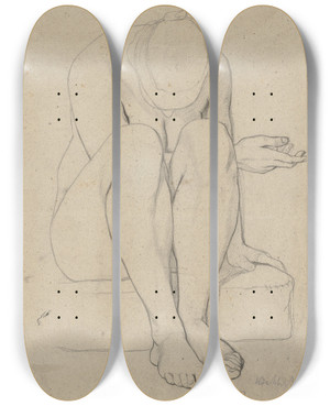 Triptych art skateboard deck of Victor Mller Sitting Female Nude by Victor Muller (1829-1871)