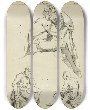 Triptych art skateboard deck of Peter Paul Rubens Three Studies Of Seated Male Figures by Peter Paul Rubens (1577-1640)